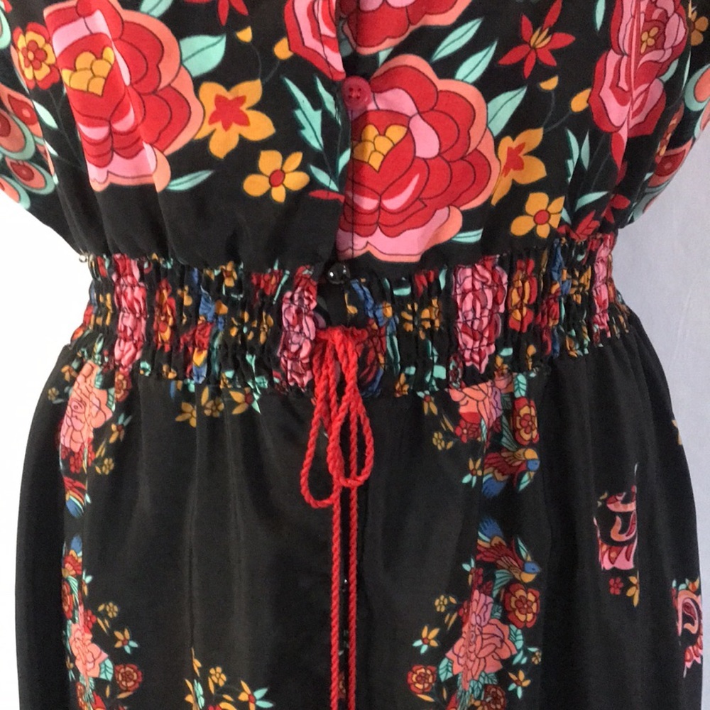 Black floral peacock colorful print short sleeves hi-low maxi dress boho gypsy M - Picture 4 of 16